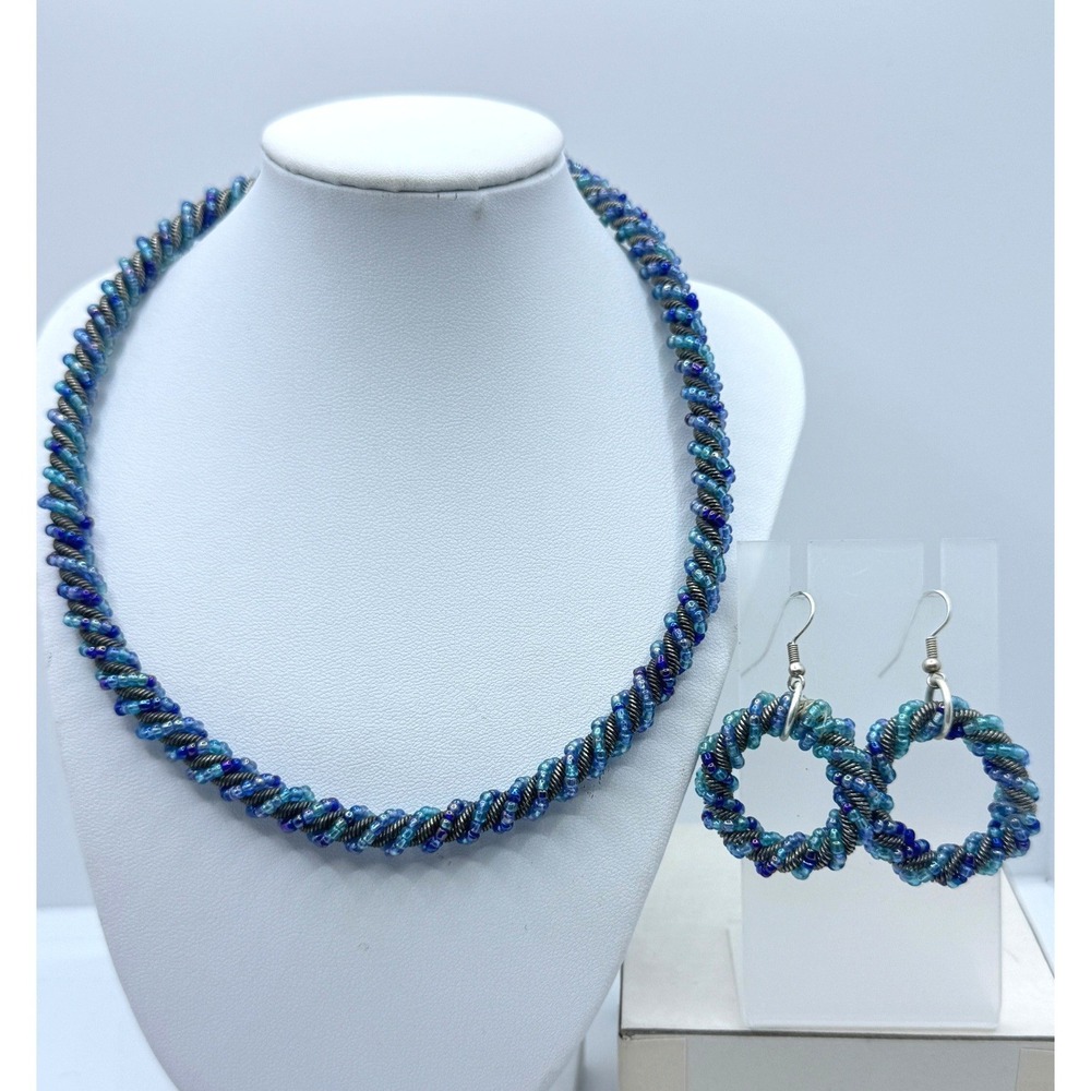 Blue Teal Purple Glass Seed Bead Twisted Rope Necklace and Hoop Earrings Set